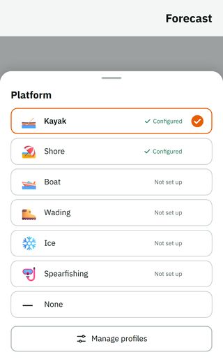 Choosing a platform: Kayak marked; Kayak and Shore have a profile set up, Boat, Wading, Ice and Spearfishing not yet