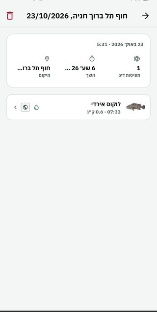 מסך יציאת דיג: תאריך, מספר תפיסות, משך, מקום, ורשימת התפיסות